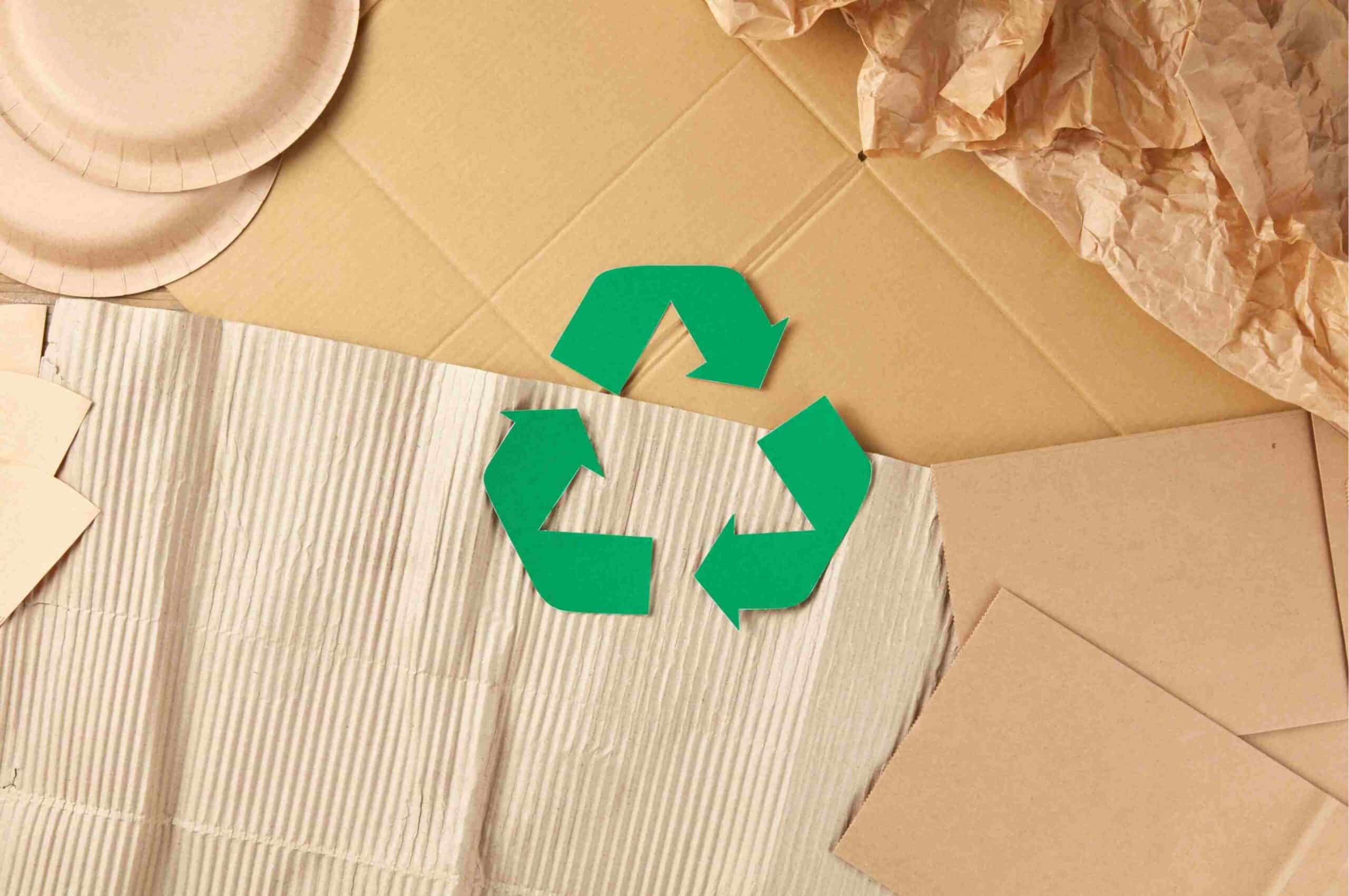 green recycling sign in the middle of recyclable cardboard box