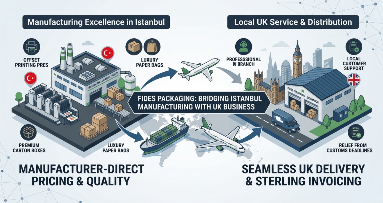 Cardboard packaging supply chain from Fides Matbaa Istanbul to Fides Packaging UK