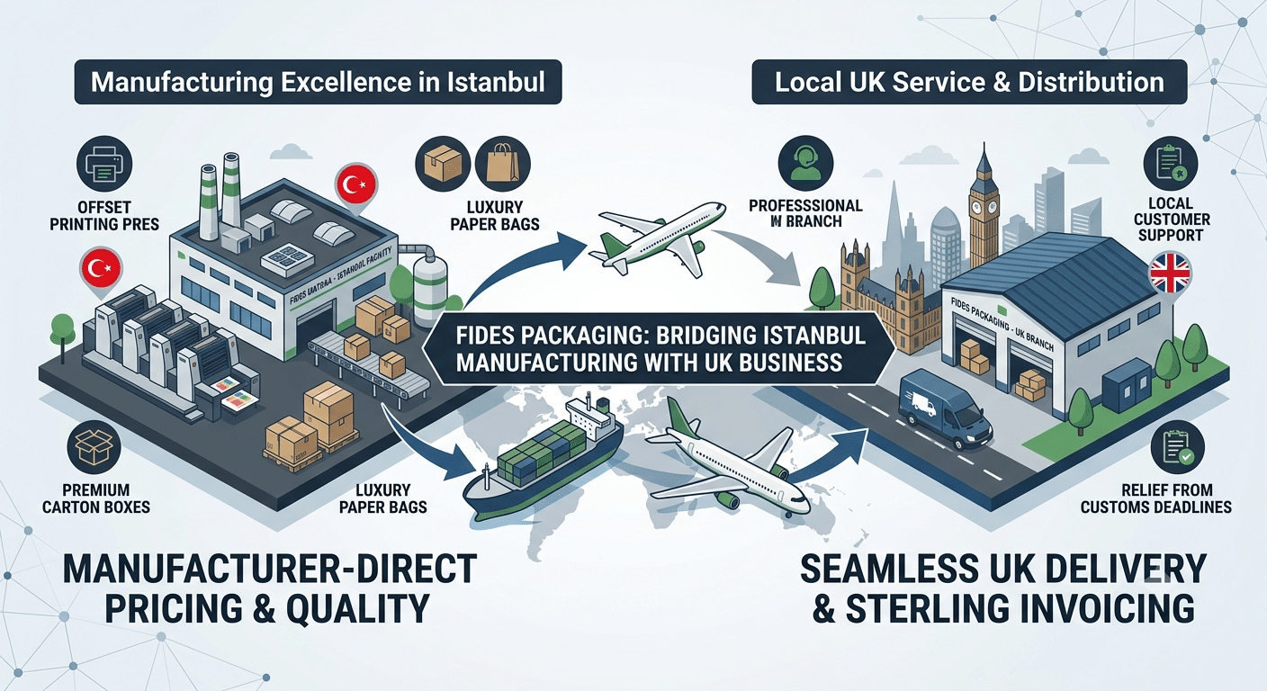 Cardboard packaging supply chain from Fides Matbaa Istanbul to Fides Packaging UK