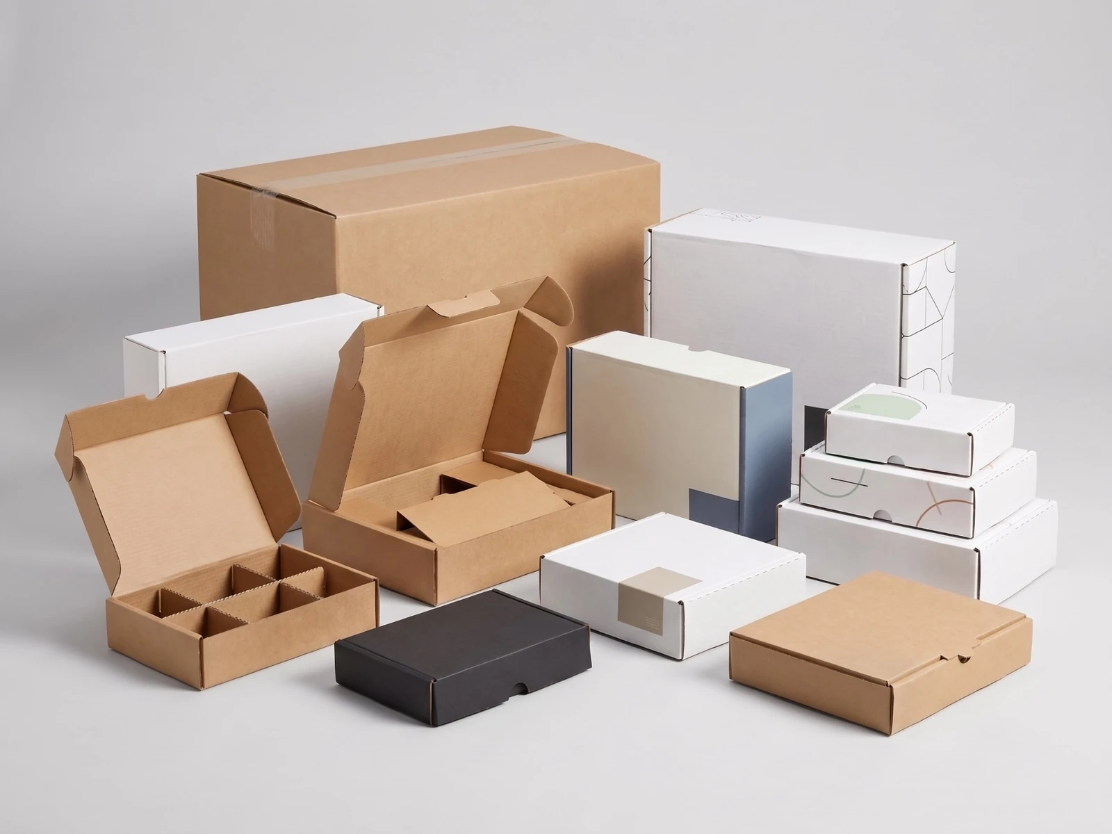 Open and closed e-commerce boxes with fitted cardboard dividers